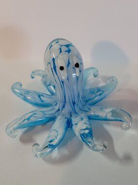 Hand Blown Blue & White Art Glass Octopus Figurine